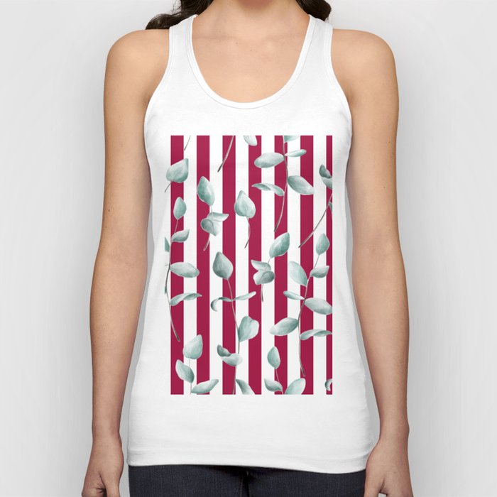 Watercolor Green Leaves on Vivacious Fuchsia Pink and White Striped Tank Top