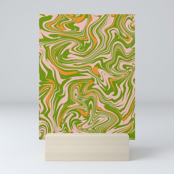 Retro green liquid marbling pattern Mini Art Print