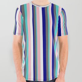 [ Thumbnail: Eye-catching Dark Blue, Dim Gray, Turquoise, Pink, and White Colored Lined/Striped Pattern All Over Graphic Tee ]