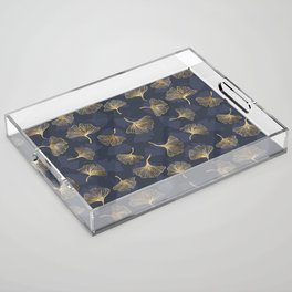 Gold Ginkgo Biloba Navy Blue Pattern Acrylic Tray