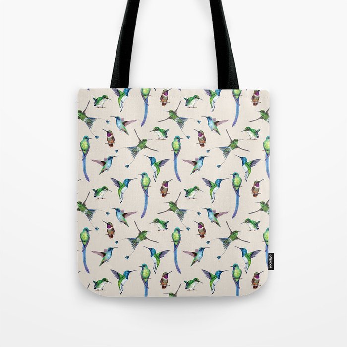 Cream Hummingbird Pattern Tote Bag