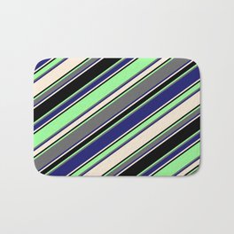 [ Thumbnail: Vibrant Green, Dim Grey, Midnight Blue, Beige & Black Colored Striped Pattern Bath Mat ]