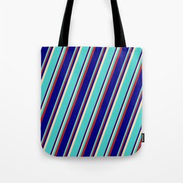 [ Thumbnail: Tan, Turquoise, Red & Blue Colored Lined Pattern Tote Bag ]