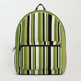[ Thumbnail: Dark Khaki, Green, Beige, and Black Colored Lined Pattern Backpack ]