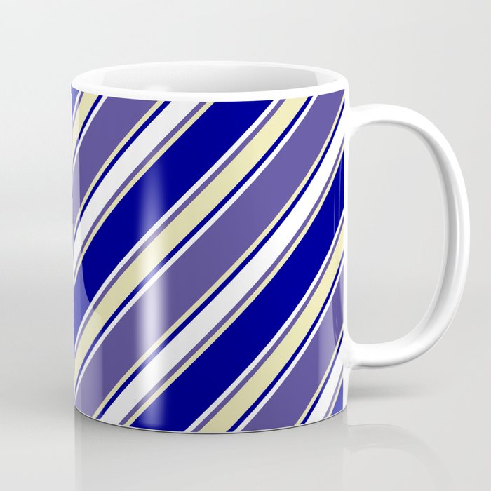 Dark Slate Blue, Pale Goldenrod, Blue & White Colored Lines Pattern Coffee Mug