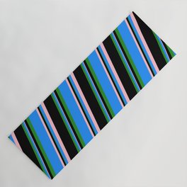 [ Thumbnail: Blue, Pink, Black, and Forest Green Colored Striped Pattern Yoga Mat ]