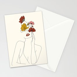 Colorful Thoughts Minimal Line Art Woman with Flowers Stationery Card