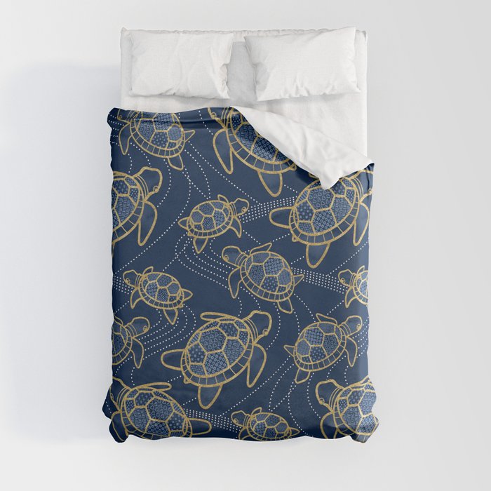 Japanese Pond Turtle / Dark Blue Duvet Cover