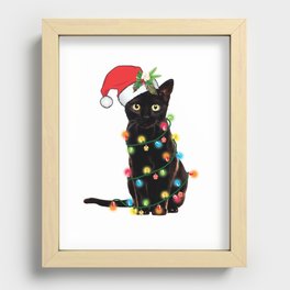 Santa Black Cat Tangled Up In Lights Christmas Santa Graphic Recessed Framed Print