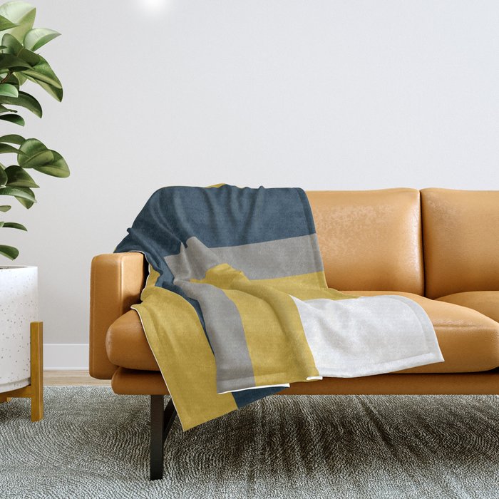 Half Frame Minimalist Pattern in Deep Mustard Yellow Navy Blue Gray and White Throw Blanket by Kierkegaard Design Studio Society6