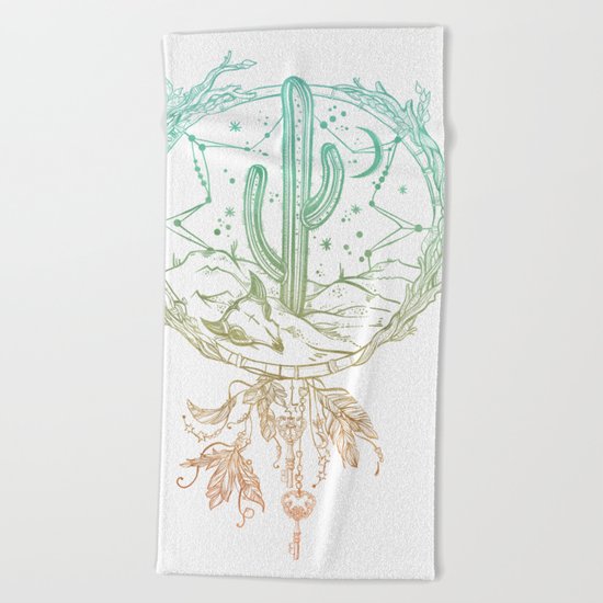 Desert Cactus Dreamcatcher Turquoise Coral Gradient on White Beach Towel