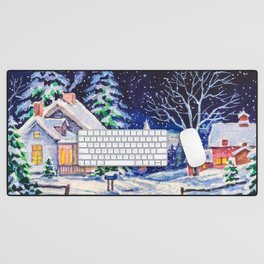 Snowy winter landscape. Country House. Christmas holidays. Forest with pine trees. Watercolor painting.  Desk Mat