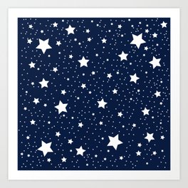 Cute Nighttime Stars Pattern in Nautical Navy Blue and White Art Print