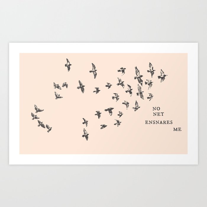 "No net ensnares me" + flock of birds - Jane Eyre quote, Charlotte Bronte (pale pink background) Art Print