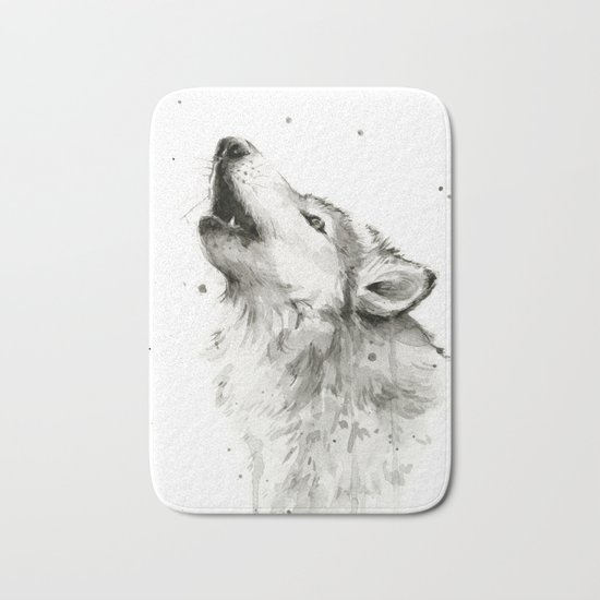 Wolf Howling Watercolor Animals Wildlife Painting Animal Portrait Bath Mat