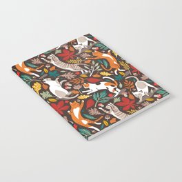 Autumn joy // brown oak background cats dancing with many leaves in fall colors Notebook