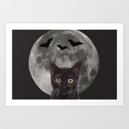 Black Cat with three bats and Moon Art Print