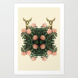 Deer Pink Flowers Retro Vintage Floral Pattern Botanical  Art Print