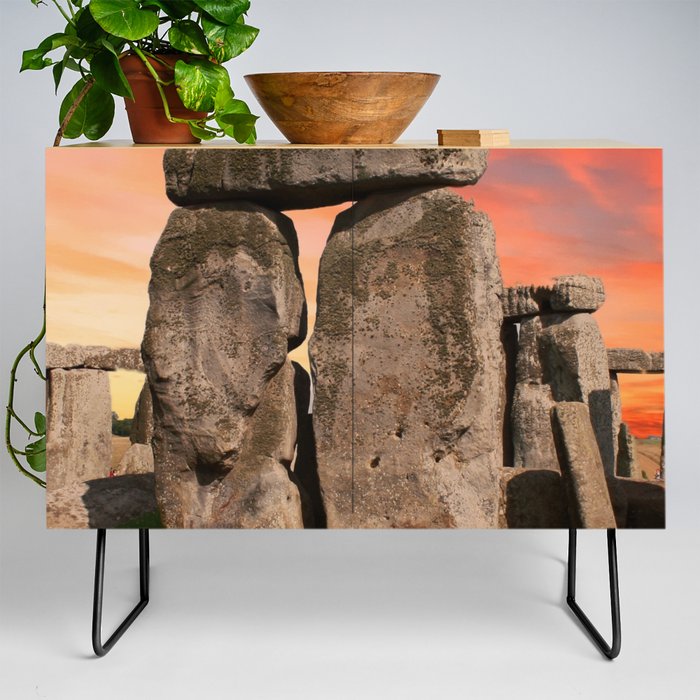 Great Britain Photography - Red Sunset Over The Famous Stonehenge Credenza