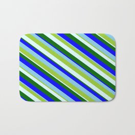 [ Thumbnail: Eye-catching Green, Light Cyan, Dark Green, Blue & Sky Blue Colored Lines/Stripes Pattern Bath Mat ]