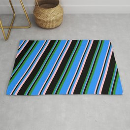 [ Thumbnail: Blue, Pink, Black, and Forest Green Colored Striped Pattern Rug ]