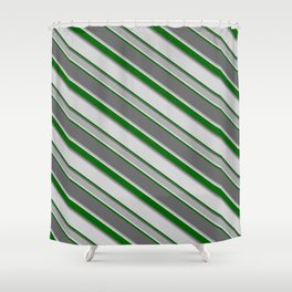 [ Thumbnail: Dim Grey, Dark Grey, Light Gray, and Dark Green Colored Stripes/Lines Pattern Shower Curtain ]