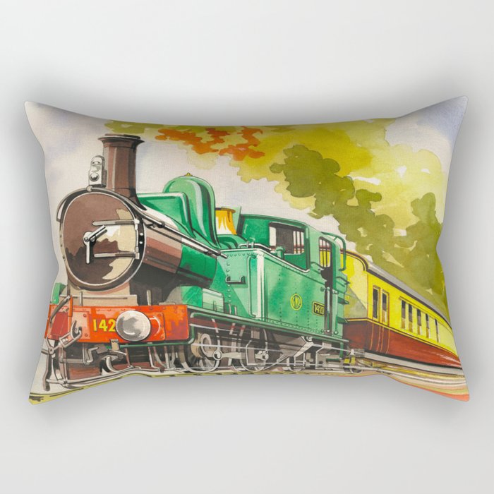 Vintage Mid Century Travel Poster British Railways Steam Engine Watercolor Illustration Rectangular Pillow
