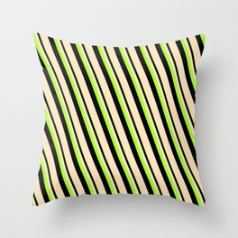 [ Thumbnail: Light Green, Black & Bisque Colored Lined Pattern Throw Pillow ]