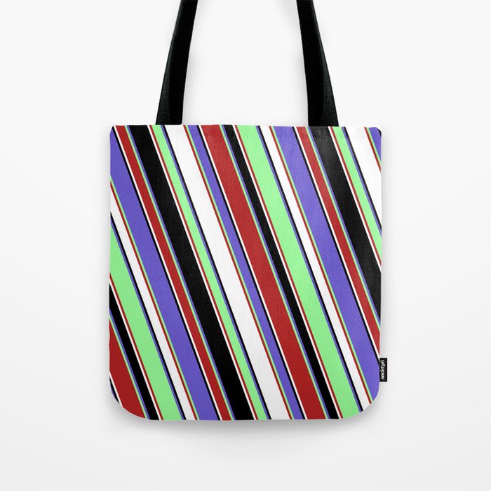 Vibrant Green, Red, White, Black & Slate Blue Colored Lined Pattern Tote Bag