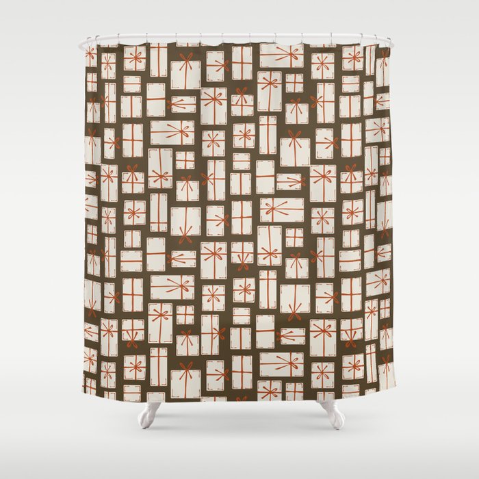 Gift box pile - chocolate brown, off-white and red Shower Curtain