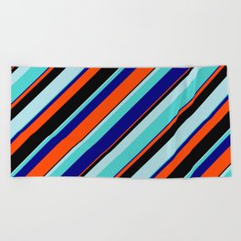 [ Thumbnail: Eye-catching Powder Blue, Turquoise, Blue, Red, and Black Colored Lined/Striped Pattern Beach Towel ]