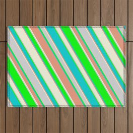 [ Thumbnail: Lime, Dark Turquoise, Dark Salmon, Beige, and Light Gray Colored Stripes/Lines Pattern Outdoor Rug ]