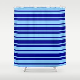 [ Thumbnail: Dark Blue and Light Sky Blue Colored Stripes Pattern Shower Curtain ]