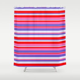 [ Thumbnail: Slate Blue, Lavender, Red & Hot Pink Colored Stripes/Lines Pattern Shower Curtain ]
