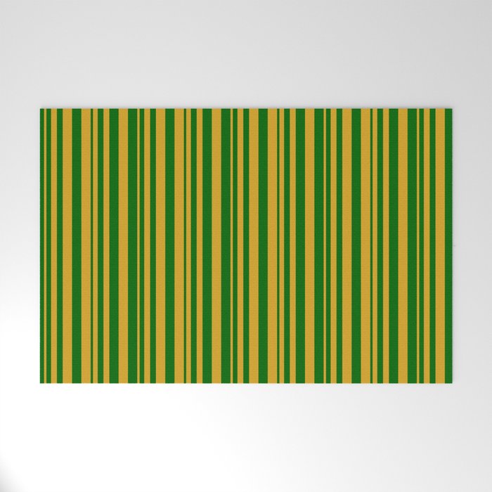 Goldenrod and Dark Green Colored Stripes Pattern Welcome Mat
