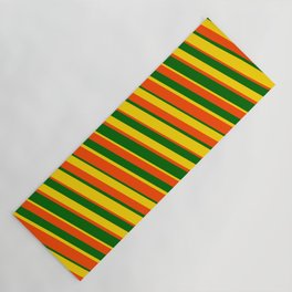 [ Thumbnail: Dark Green, Yellow, and Red Colored Stripes Pattern Yoga Mat ]