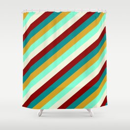 [ Thumbnail: Eye-catching Dark Cyan, Goldenrod, Aquamarine, Beige, and Dark Red Colored Lined Pattern Shower Curtain ]