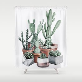 Potted Cacti + Succulents Rose Gold Shower Curtain