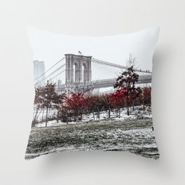 Brooklyn Bridge and winter snowstorm in New York City Throw Pillow