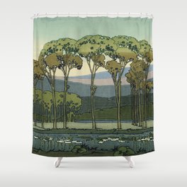 Japanese Block Print Summer Landscape by the Silver Studio Shower Curtain