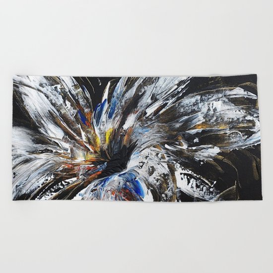 white flower on black background, painted Beach Towel