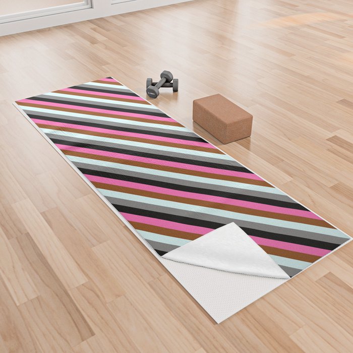 Eye-catching Hot Pink, Brown, Light Cyan, Gray & Black Colored Stripes Pattern Yoga Towel