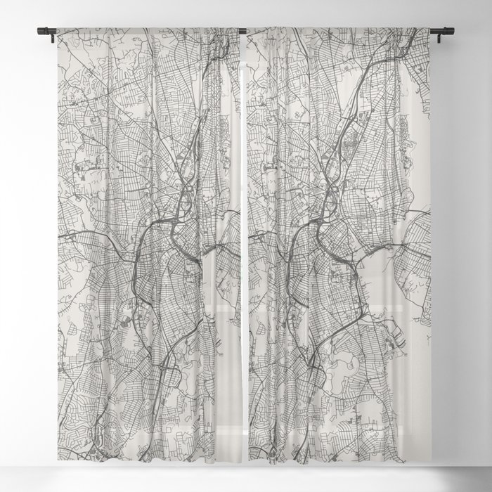Providence USA. Black and White City Map Sheer Curtain