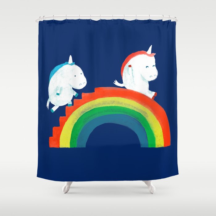 Unicorn on rainbow slide Shower Curtain