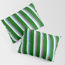 [ Thumbnail: Eyecatching Blue, Sienna, Sky Blue, Mint Cream & Dark Green Colored Stripes/Lines Pattern Pillow Sham ]