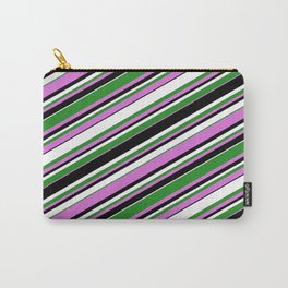 [ Thumbnail: Forest Green, Orchid, Black & White Colored Striped/Lined Pattern Carry-All Pouch ]
