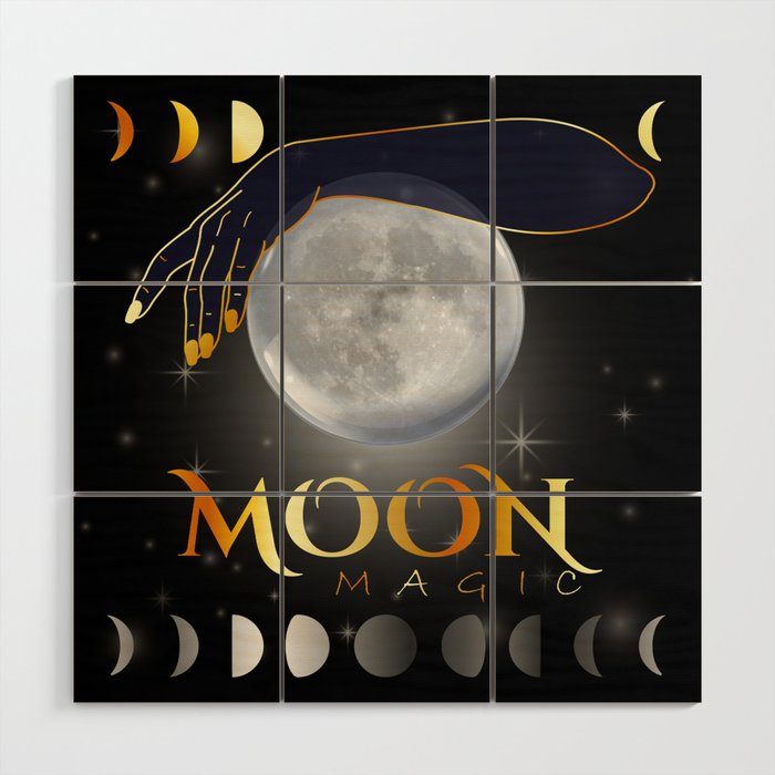 Moon and mystical womans hands on full moon Wood Wall Art