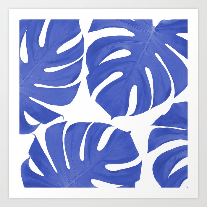 Blue Monstera Leaves White Background - Blue and White #decor #society6 #buyart Art Print