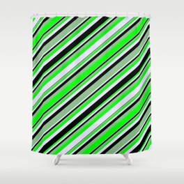 [ Thumbnail: Dark Sea Green, Lime, Lavender, and Black Colored Lines/Stripes Pattern Shower Curtain ]
