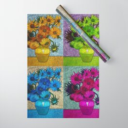 Vincent van Gogh Twelve Sunflowers in a vase still life colorful four-color collage portrait painting with pink, blue, and green sunflowers Wrapping Paper